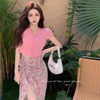TAOBAO ORDER 🍓[ GIÁ RẺ] 💋 SET ÁO CROPTOP VÀ CHÂN VÁY NHÚNG XẺ TÀ