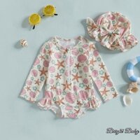 Tập Đi Bé Gái Vỏ Sao Biển Họa Tiết Zip Up Tay Dài Cổ Thủy Thủ Phát Ban Bảo Vệ Đồ Bơi Có Mũ Bộ 2 Chiếc