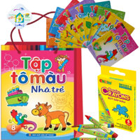 Tập Tô Màu Nhà Trẻ Túi 8 Cuốn+ Bút Sáp Màu Regular Crayons 8 Màu Duka