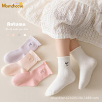 Tất bé gái MOMCHOOSE Tất ống trẻ em Xuân Thu Tất màu trơn Cây giống như nấm Ren công chúa Tất cỡ vừa và lớn Tất dài cho bé gái