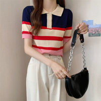 Tất cả các trận đấu Màu sắc tương phản Áo thun thời trang POLO Ngắn Nữ Giảm tuổi Đan Cổ áo mùa hè Slim-✨25.3.24 Sọc 8U04