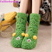 Tất giữ nhiệt dày FALLFORBEAUTY, Tất sàn dày chống trượt ống giữa, Tất lông cừu hoạt hình lông tơ dễ thương dành cho nữ mùa đông