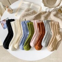 Tất len cừu đan dây cho phụ nữ, tất dài đến giữa bắp chân, tất dài màu sắc đồng nhất retro mùa thu đông, phong cách Nhật Bản thời thượng, tất thoải mái đa năng