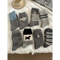 Tất nữ Nut Mommy màu xám chứa len, tất dài đến giữa bắp chân, dày dạn ấm áp mùa đông, phong cách Nhật Bản, tất dài sọc dễ thương