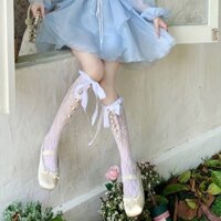 Tất ren satin Nhật Bản ba chiều hoa hồng bê tất ren ngọt ngào nơ ruy băng rỗng đến giữa bắp chân
