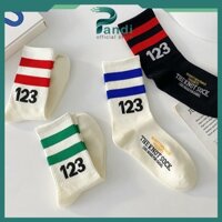 Tất trắng cổ cao in số 123 PANDI vớ cao cổ hai sọc unisex vớ thời trang hàn quốc cao cấp dày dặn size 36-42