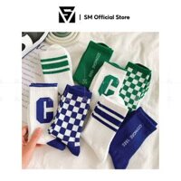 Tất vớ cổ cao thêu chữ C Soulmate Store tất cotton vải co giãn phong cách Ulzzang Hàn Quốc cho nam nữ SMV01 - Xanh dương - Trơn