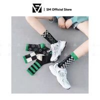 Tất Vớ Cổ Cao Thêu Hình Smile Soulmate Store Tất Cotton Vải Co Giãn Phong Cách Ulzzang Hàn Quốc Cho Nam Nữ Smv03 - Caro cổ xanh