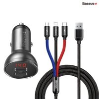 Tẩu sạc cho xe hơi Baseus Digital Display Dual USB 4.8A Car Charger 24W with Three Primary Colors 3-in-1 Cable USB 1.2M Black Suit Grey