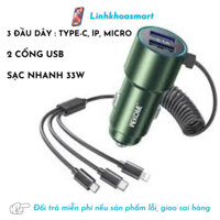 Tẩu Sạc Nhanh Ô Tô 33W WP-C44, Cục Sạc Ô Tô 2 Cổng USB Có 3 Dây Đầu Type C/Micro/iP, Sử Dụng Nhiều Thiết Bị Cùng Lúc
