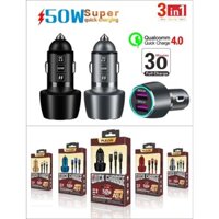 Tẩu Sạc Nhanh Pugan 10A và 4.8A Kèm Dây Sạc 3 Đầu Cho Các Loại Điện Thoại Dùng Trên Ô Tô