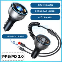 Tẩu sạc ô tô nhỏ gọn 1 lỗ chờ, 2 cổng sạc nhanh kèm dây cáp xoắn 2 in 1 BUWEI