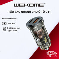 Tẩu sạc oto siêu nhanh 30W WEKOME C41 trong suốt 2 cổng sạc TYPE C USB cho mọi điện thoại Kích thước: 25.25.49mm