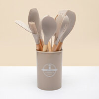 Tay Cầm Bằng Gỗ Silicon Bộ Dụng Cụ Nhà Bếp 12 Mảnh Dụng Cụ Nướng Bánh Xô Bảo Quản Thìa Chống Dính Dụng Cụ Nhà Bếp Bộ Nấu Ăn