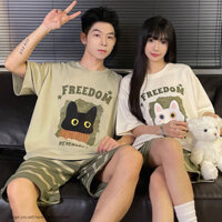 Tay Ngắn Cặp Đôi Mèo Cặp Đôi Bộ Đồ Ngủ Dạo Phố Nam Tay Ngắn Mèo Dễ Thương Nữ Loungewear Phù Hợp Với 3.18