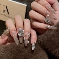 [Tay nghề thủ công] Móng tay giả màu nude, gương vàng cao cấp, dán móng tay giả với ruy băng hồng, dán lên móng tay