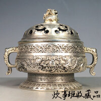Tay nghề thủ công tinh tế Sản xuất tại Qingqianlong Đồng nguyên chất Rồng mạ bạc Phượng hoàng Chengxiang Đầu đốt hương sư tử cổ xưa Đầu đốt đồng cổ xưa Bộ sưu tập đồ trang trí đầu đốt bạc 3-12-1