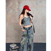 TB108 Set áo ống cúp ngực tôn dáng quần ống rộng họa tiết vảy sơn cá tính thời trang