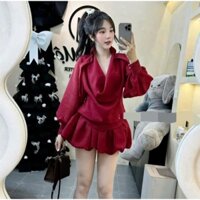 TB7_ Set Thiết Kế Voan Tơ Sơmi Cổ Đổ Tay Dài Phồng Quần Bí 2 Lớp Sang Chảnh