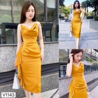 TBL-Ảnh thật Đầm xếp ly cổ đổ 2 dây ôm body màu vàng dự tiệc dạ hội thiết kế cao cấp