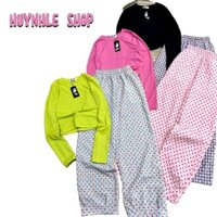 Td2058 SET BỘ ĐỒ ÁO PHÔNG NGẮN CỔ TRÒN thun gân. tay dài+.   QUẦN BAGGY CÓ Bo. CHUN. chất đũi Nữ Kem Sen Women Lịch