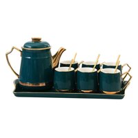 Tea Set Nordic Style Gold Trim Ceramic Tea Cup Set Including 6 Pcs Tea Cup And Spoon With A Teapot Ceramic Tray Porcelain Tea Set (Color : Green, S...
