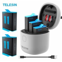 Telesin Bộ Sạc Pin Nhanh 3 Ngăn Với Đầu Đọc Thẻ tf Cho gopro hero 12 / 11 / 10 / 9 Đen