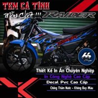 Tem lửa màu xanh chất dán cho xe raidder dàn áo đen bóng,tem rời in chất liệu decal trắng 3 lớp không bay màu