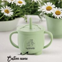 Tên cá nhân cho bé cốc ống hút silicone có nắp ống hút và đồ ăn nhẹ, cốc uống nước silicon hình chim cánh cụt chống rơi họa tiết khủng long dễ thương (cốc tập ăn)