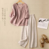 Tencel Linen Suit Nữ Thêu Áo Sơ Mi Tay Ngắn Nữ Mẹ Trung Niên Mặc Quần Hai Mảnh Top
