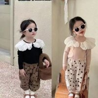 Terno Cho Bé Gái Dài Tay Trẻ Em Áo Sơ Mi Cotton Cho Bé Gái Cổ Sen Ren + Quần Chấm Bi Phù Hợp Với Bé Gái S
