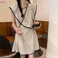 Terokk Sọc Không Đều Ruffles Đầm Không Tay Nữ Quần Áo Bay Tay Đầm MỚI