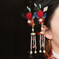 Tết Nguyên Đán Phụ Kiện Tóc Đỏ Lễ Hội Mùa Xuân Kẹp Tóc Dễ Thương Bóng Tóc Năm Mới Mũ Đội Đầu Tua Rua Cặp Kẹp