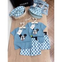 TETK30_ SET BỘ KÈM MŨ ÁO PHÔNG XANH HÌNH MICKEY MIX QUẦN ĐÙI KẺ CARO XANH CHO BÉ TRAI.