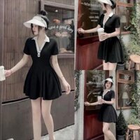 [TH035] Đầm KÈM QUẦN xoè body sọc cổ vest trắng - Chất thun gân mềm mại mát mẻ - Freesize dưới 55kg