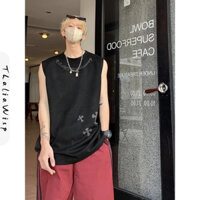 Thaliawisp Áo vest nam Mỹ retro thể thao đường phố hiphop hàng đầu in chữ thập áo thun không tay da lộn