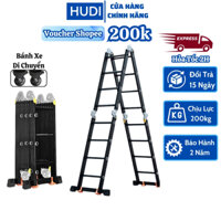 Thang Nhôm Gấp 4 Đoạn Chữ A Có Bánh Xe HUDI Chịu Lực 500KG Nhập Khẩu Cao Cấp, Thang Nhôm Xếp Gấp Gọn Gia Đình Chữ M