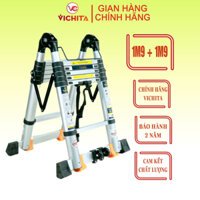 Thang Nhôm Xếp Chữ A VICHITA, Thang Rút Nhôm 3.8M (1.9M+1.9M) Bản Cao Cấp Có Bánh Xe Tặng 2 Chốt Thang Nhôm