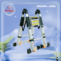 Thang Nhôm Xếp Chữ A VICHITA, Thang Rút Nhôm 5M (2.5m+2.5M) Bản Cao Cấp Có Bánh Xe Tặng 2 Chốt Thang Nhôm
