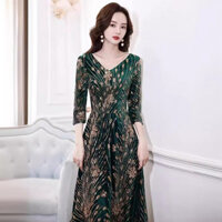 Thanh Lịch Xanh / Vàng / Đen Kim Sa Lấp Lánh Tiệc Đầm Dạ Hội Tay Giữa Cổ Chữ V Ôm Đuôi Cá Váy Dự Tiệc Hàng Năm