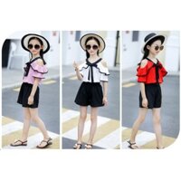 [Thanh lý] Đồ bộ bé gái, quần đùi, áo cộc tay hở vai, cổ áo thắt nơ phong cách Hàn Quốc