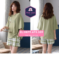Thanh lý new - Đồ bộ mặc nhà cao cấp vải thun mát sọc caro xanh lá vải thun mịn mát quần áo thời trang nữ