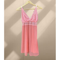 Thanh lý pass áo đầm váy mặc ngủ mặc nhà cao cấp brand Ibasic California size L ren lace màu hồng trái tim xuyên thấu