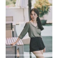 Thanh lý/ pass áo Elly Clothing cổ V xanh rêu size S siêu đẹp