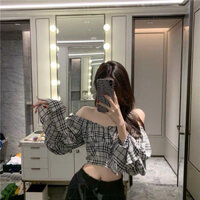 Thanh lý pass áo kiểu rớt vai tay bồng sọc kẻ caro croptop trễ vai tiểu thơ nữ tính quyến rũ boho chic cúp ngực size S