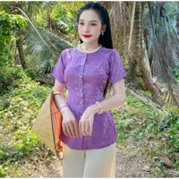 [THANH LÝ] Set Áo Bà Ba Vải Gấm Cổ Tròn, Cài Nút Phía Trước, Quần Lẻ Vải Phi Lụa