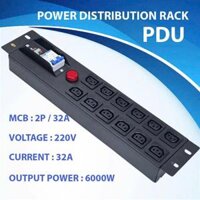 Thanh Nguồn Đa Năng 12 Ổ Cắm C13 2 Hàng - 2P/32A, 220V/6000W - Có Aptomat & Đèn Cảnh Báo