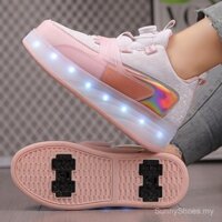 Thanh thiếu niên nút quay bốn bánh lăn giày trượt patin giày bánh xe bé trai bé gái sequin da có thể tháo rời giày lăn trẻ em giày bánh xe