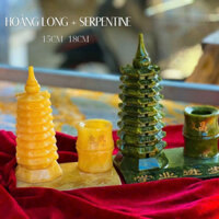 Tháp văn xương ống bút 18 cm ngọc hoàng long serpetine xanh kiểm định