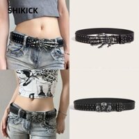 Thắt lưng đầu lâu SHIKICK, Thắt lưng đinh tán có thể điều chỉnh thông thường, Thắt lưng da Punk Gothic đa năng Y2k Unisex